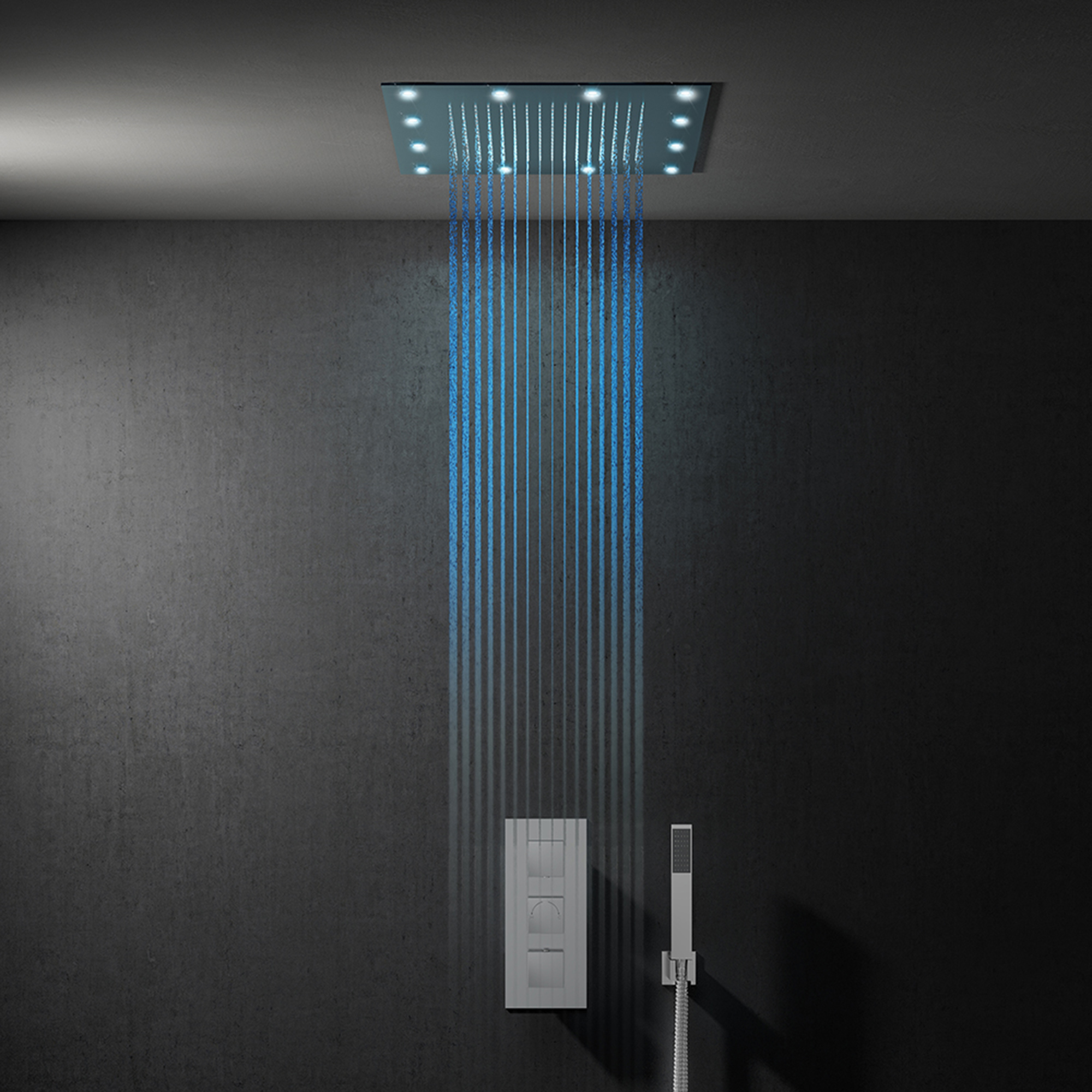 iluminacion para ducha: primer plano de una ducha de lluvia iluminada en un baño negro